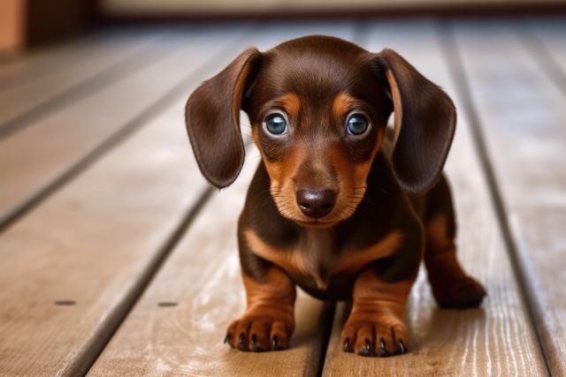 Adorable Dachshund puppy with brown coat and bright blue eyes standing on wooden floor. Suitable for pet adoption campaigns, social media posts focusing on cute animals, pet care products advertisements, or blog imagery about dog breeds and puppy care.