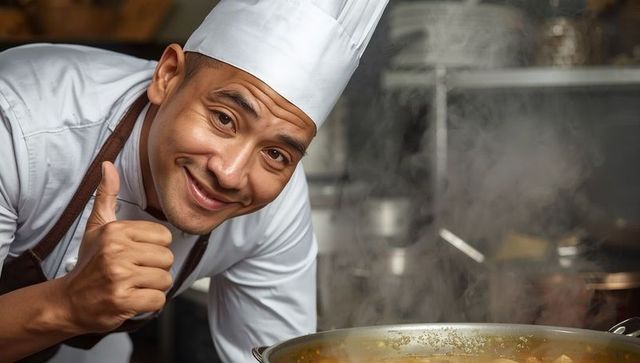 Smiling Chef Giving Thumbs Up in Busy Kitchen Environment