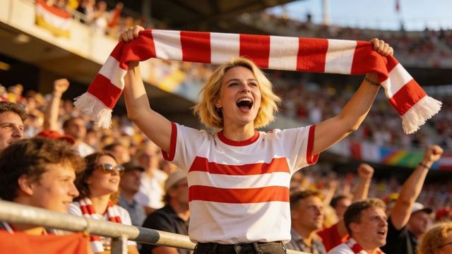 Young female fan cheering with red-and-white scarf overhead in sunlit stadium crowd at sunset