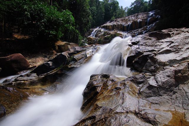 Waterfall cascading over large rocks surrounded by dense forest. Clear blue sky overhead and lush green foliage. Perfect for travel and tourism promotions, nature documentaries, environmental campaigns, wall art, relaxation visuals, and outdoor adventure advertisements.