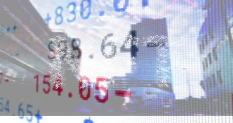 Digital Data Analytics Display Over Urban Skyscrapers