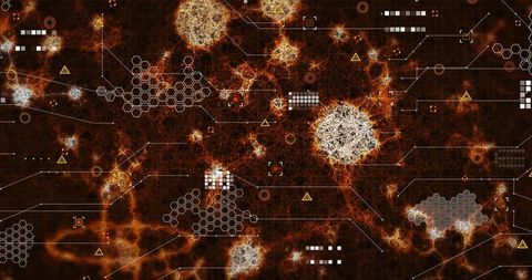 Pale node cluster pulsing in dark neural network with glowing filaments and circuitry overlay