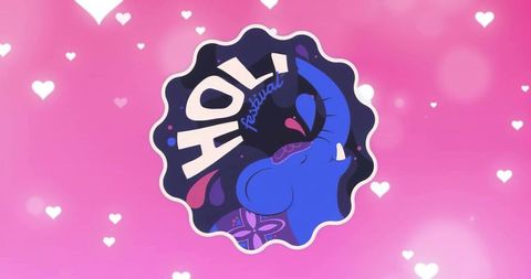 Blue Elephant Celebrating Holi Festival Emblem on Pink Heart Background