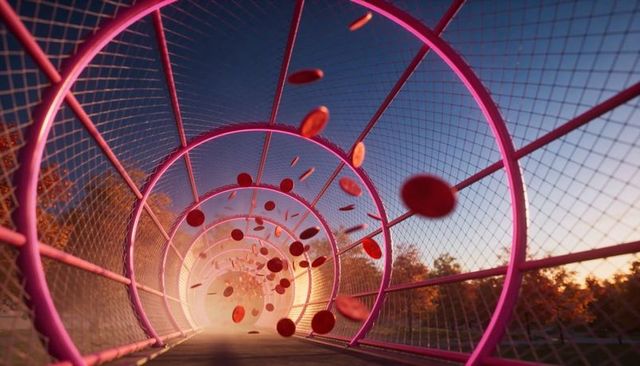 Pink tubular pedestrian bridge tunnel with floating red discs and glowing sunset light