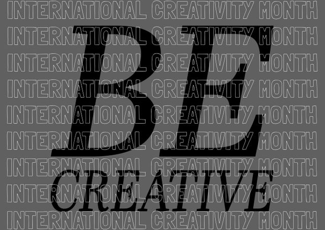 Perfect for celebrating International Creativity Month, this graphic design features the repeated phrase 'International Creativity Month' with the bold words 'Be Creative' overlayed in black. Ideal for use in marketing materials, social media campaigns, creative workshops, and educational presentations to inspire and promote creativity.