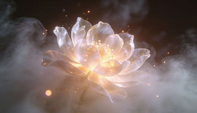 Glowing pearlescent lotus bloom emitting golden light, ethereal mist, sparkling bokeh