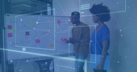 Black professionals brainstorming by whiteboard with digital ui overlay for business planning