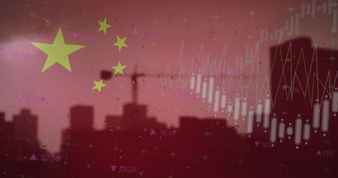 China flag overlaid with financial data on city skyline