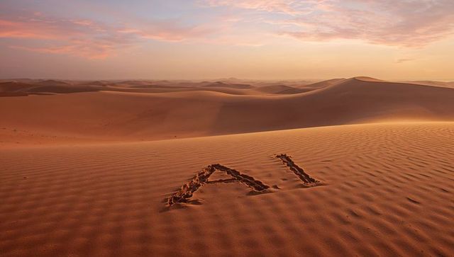 Ai letters carved in rippling desert dunes at sunrise with pastel sky and long shadows