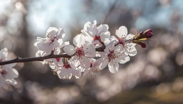 Backlit Cherry Blossom Branch with Pale Pink Flowers and Dreamy Bokeh Spring Light