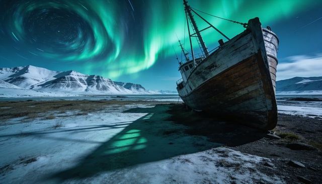 Moonlit beached wooden trawler under swirling northern lights and star trails on frozen arctic shore