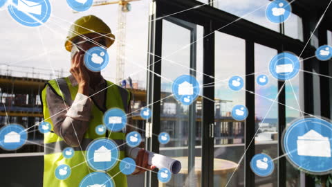 Engineer Connecting Digitally at Construction Site with Network Overlay