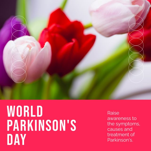Bright and colorful tulip backdrop emphasizes the focus on health and awareness. Effective for social media posts or health-related blog entries, creating engaging content for World Parkinson's Day campaigns. Ideal for digital banners, posters, and informational materials aimed at educating the public about Parkinson's causes, symptoms, and treatments.