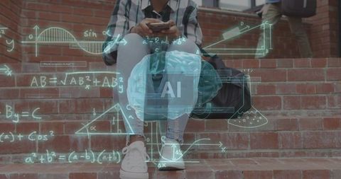 Teen student using smartphone on campus steps with ai brain overlay and math graphics