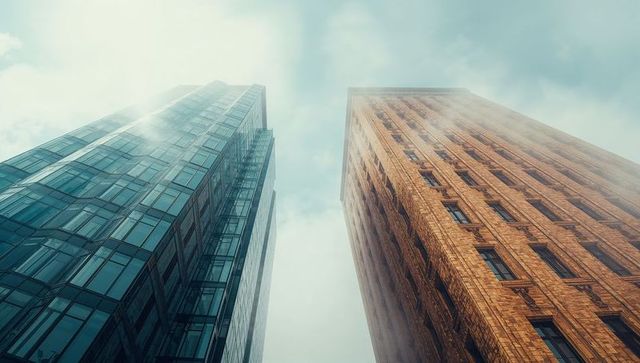 Skyward Urban Landscape with Glass and Brick Towers
