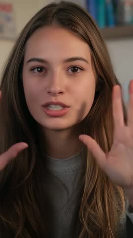 Vlogger speaking to camera while gesturing hands in cozy home portrait vertical video