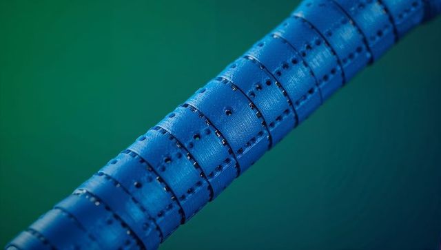 Diagonal blue segmented cable sleeve macro close-up over teal-green gradient backdrop