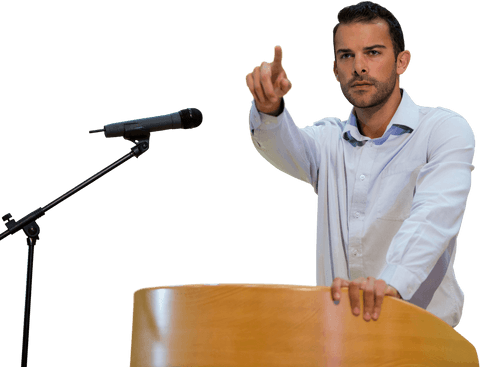 Confident businessman pointing while speaking at transparent podium