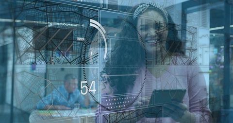 Business analyst using tablet with futuristic hud map overlay and kpi dashboard interface