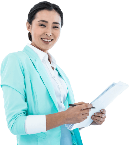 Transparent Background Businesswoman Smiling with Notes