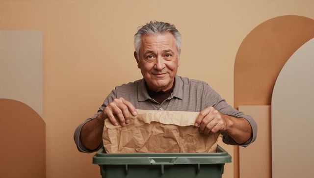 Senior man recycling brown paper bag into green wheeled bin smiling eco-friendly lifestyle