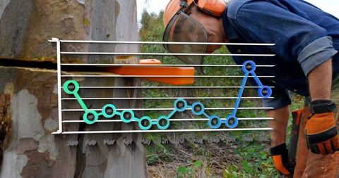 Lumberjack analyzing cutting efficiency with data graph overlay