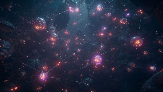 Futuristic network of glowing spheres in abstract space