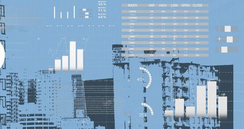 Financial Analysis and Data Processing Over Modern Cityscape