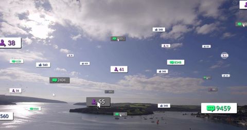 Coastal bay with floating social media notifications and cursor hovering over engagement badge