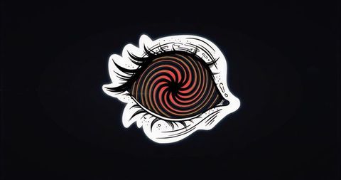 Glowing stylized eye with hypnotic spiral on dark background