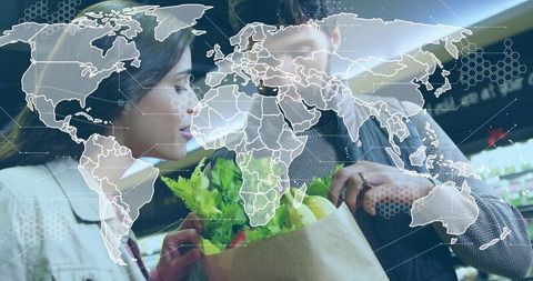 Couple buying produce with world map and digital overlay for sustainable retail