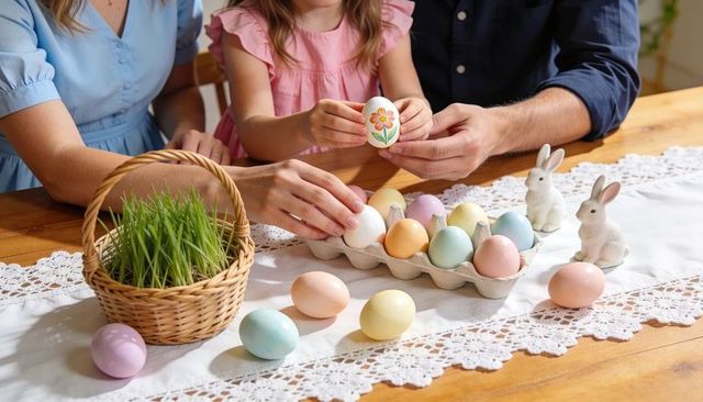 Family decorating pastel easter eggs together with child holding floral egg at wooden table