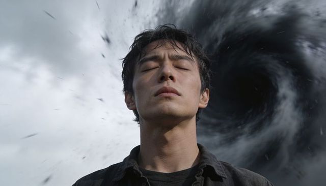Contemplative asian man closing eyes facing vortex storm maelstrom surreal portrait
