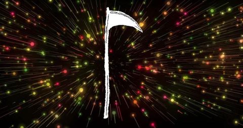 Glowing white stylized symbol radiates multicolor rays