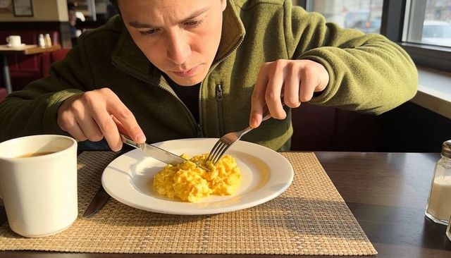 Man concentrating while cutting scrambled eggs at sunlit diner booth with coffee