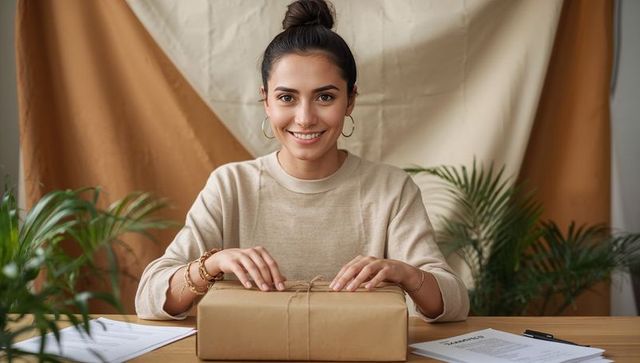 Smiling woman packaging eco-friendly parcel at home studio table with paperwork and plants