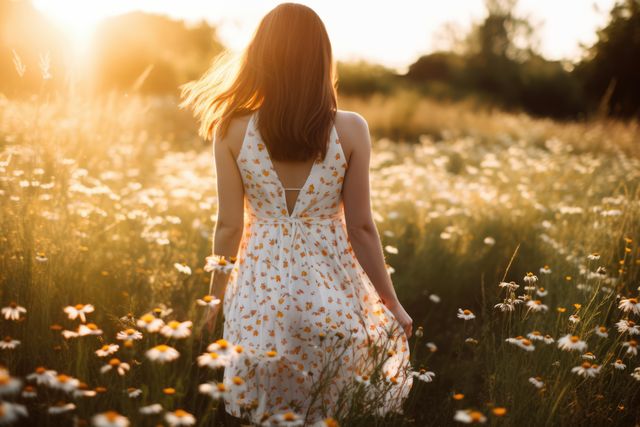 A young woman in a white sundress with a floral pattern walking through a field of daisies at sunset. The scene is bathed in golden light, creating a serene and dreamy atmosphere. This can be used for themes related to nature, summer, walking, serenity, sunset, or outdoor activities. Ideal for social media posts, advertisements, blog articles, and lifestyle magazines focusing on summer and beauty in nature.