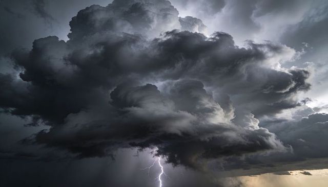 Towering cumulonimbus thunderhead unleashing cloud-to-ground lightning over flatlands