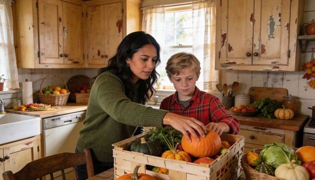Mother and son selecting pumpkins in rustic farmhouse kitchen harvest basket autumn scene