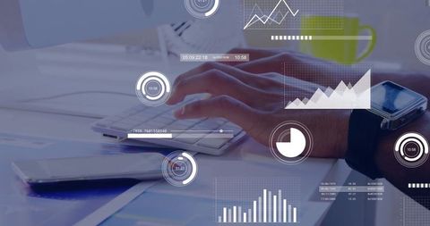 Hands Typing Data on Keyboard with Digital Analytics Overlays