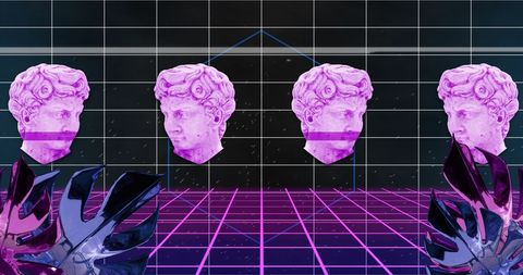 Futuristic holographic statues on neon grid pattern