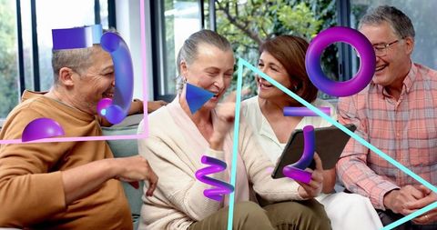 Seniors laughing and sharing tablet on couch with neon geometric overlays modern lifestyle