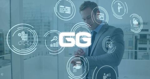 Businessman Engaging with Futuristic 6G Network Interfaces