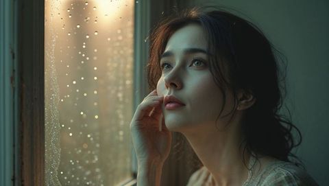 Contemplative Woman by Rainy Window in Cozy Ambient Lighting