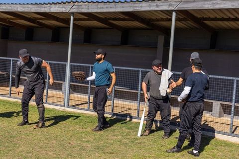 Baseball teammates chatting and preparing at dugout during sunny community practice