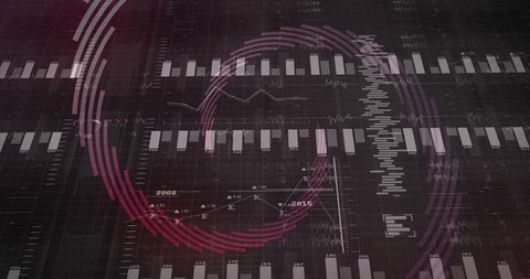 Futuristic Data Dashboard Displaying Layered Analytics with Neon Magenta Circular Visualizations