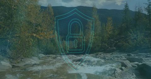 Security Icon Overlay on Mountain Stream Enhancing Nature's Serenity