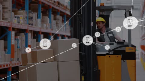 Warehouse Worker Operating Forklift with Digital Network Overlay