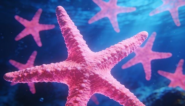 Vibrant pink starfish macro underwater scene with floating magenta starfish and light rays