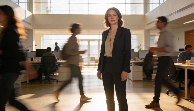 Confident businesswoman leading open-plan office with motion blur and sunlit workspace